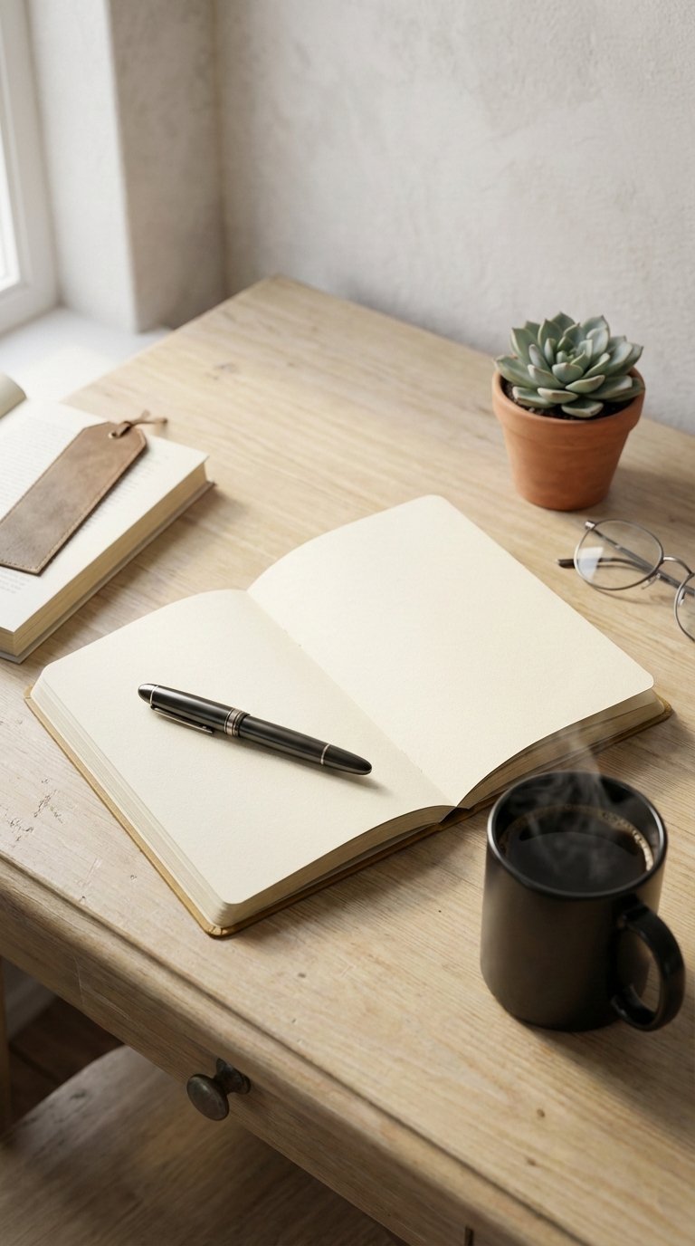 Journaling setup with open notebook, luxury pen, and steaming coffee cup on light wooden desk in soft morning light