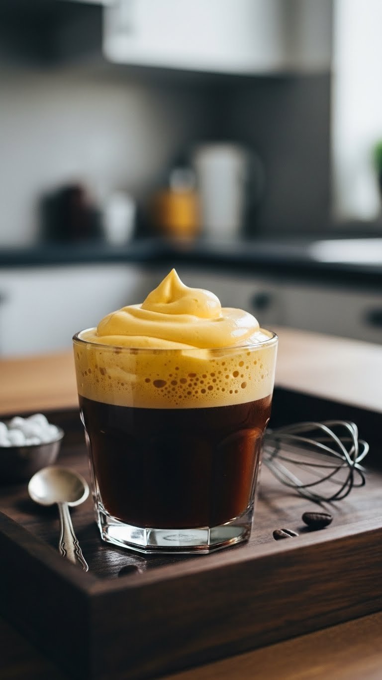 Proven Keto Vietnamese Coffee: 7 Ultimate Recipes for Sips 3 Keto Vietnamese egg coffee with dark brew topped by thick golden-yellow whipped egg cream in rustic kitchen setting.