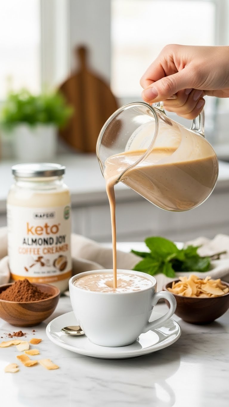 Keto almond joy coffee creamer being poured from glass pitcher into elegant coffee cup with cocoa flecks visible