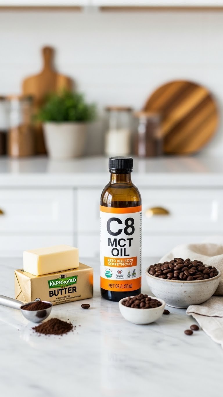 Keto bulletproof coffee ingredients including organic grass-fed butter, MCT oil, and fresh coffee beans arranged on marble countertop