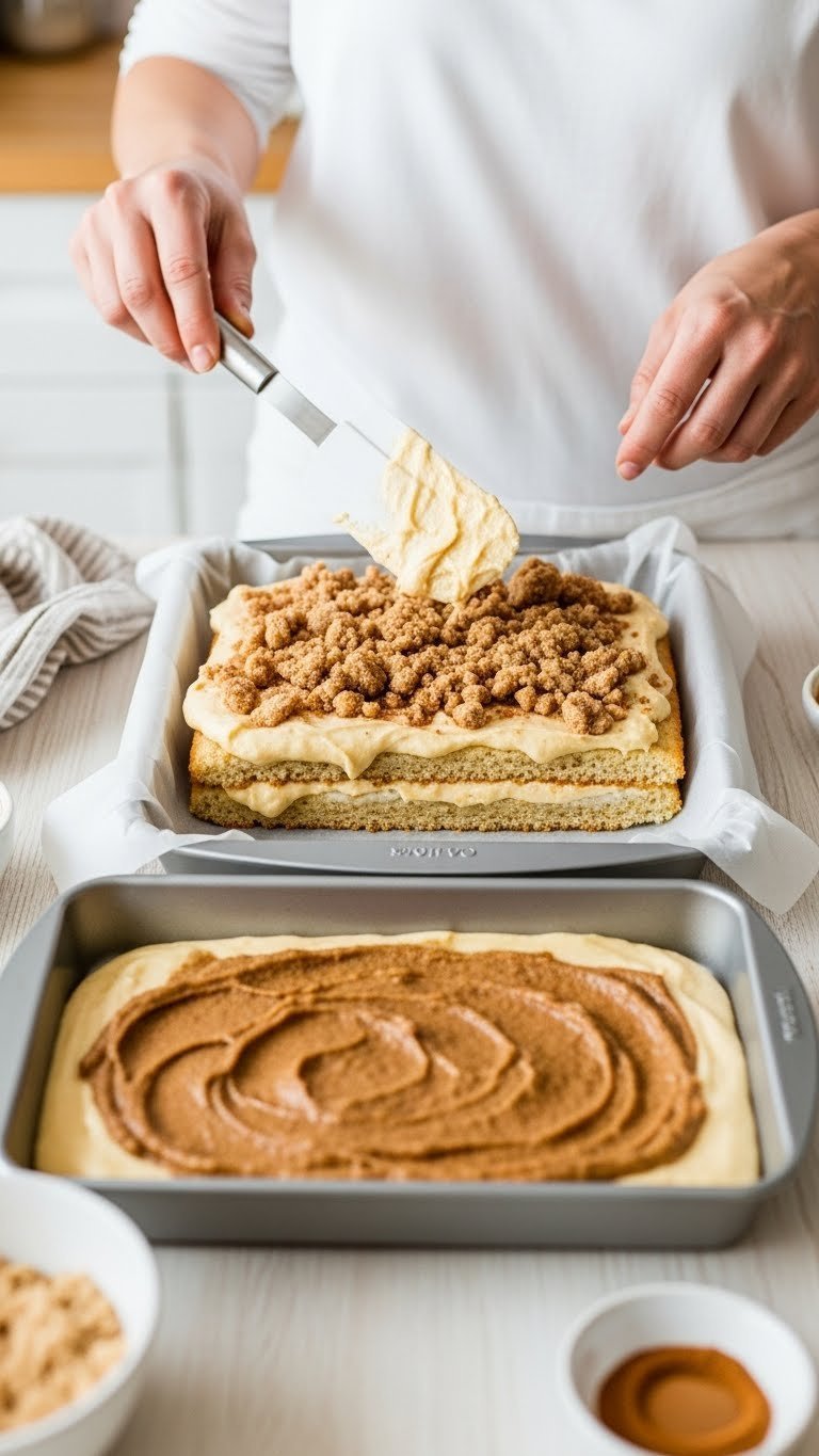 Keto coffee cake assembly showing layered batter and cinnamon streusel swirl in baking pan