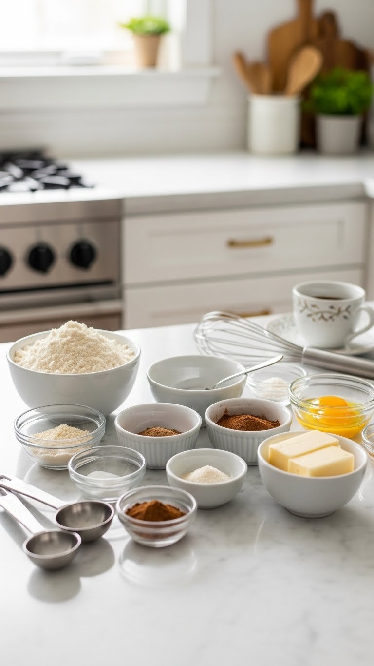 Keto coffee cake ingredients including almond flour, erythritol, and cinnamon arranged on marble countertop with soft natural lighting