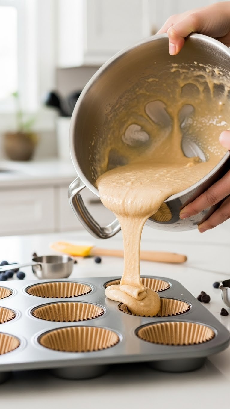 Keto coffee cake muffin batter being poured from stainless steel bowl into muffin tin with baking tools