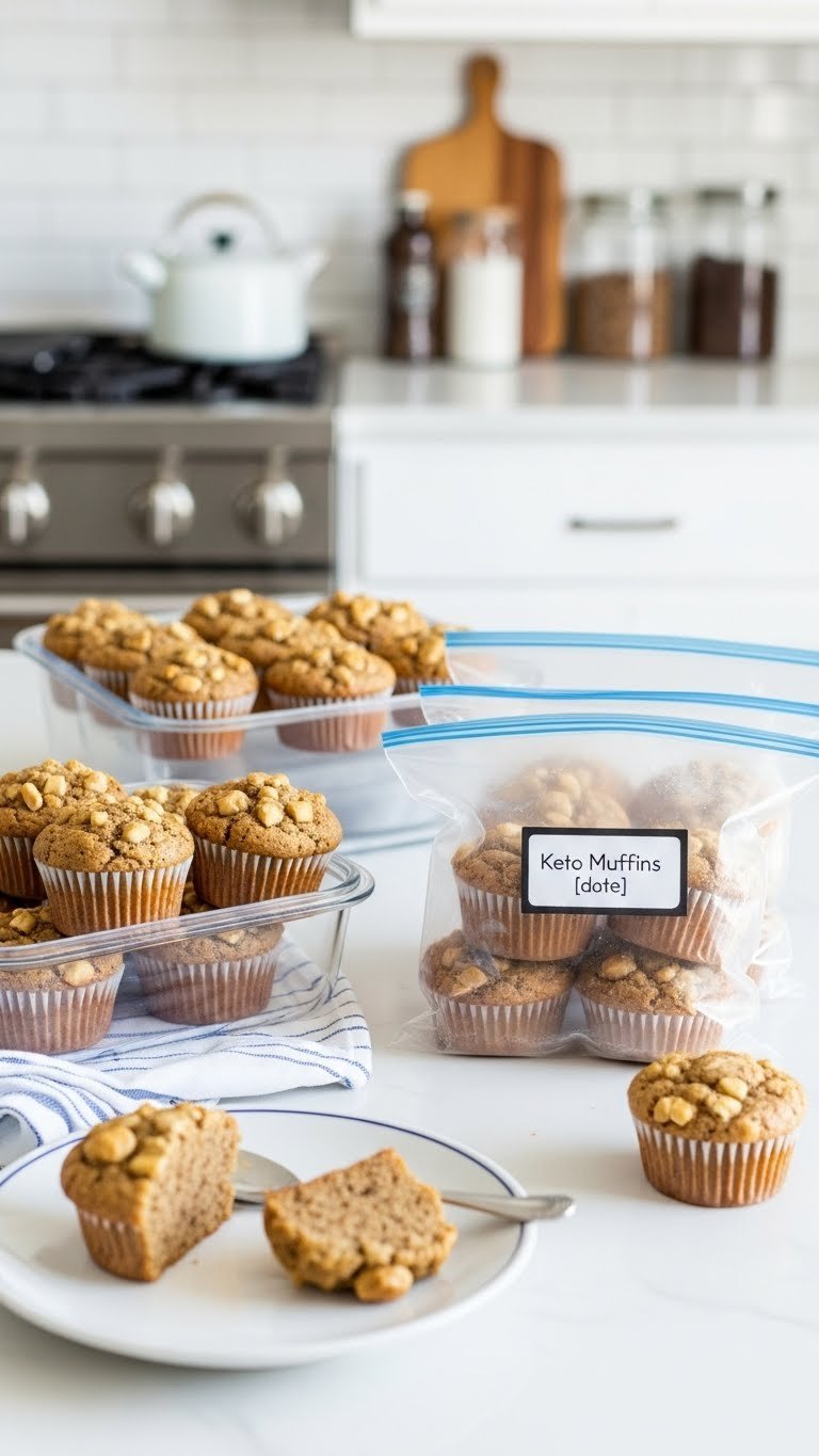 Keto coffee cake muffins stored in airtight containers and freezer bags on kitchen counter