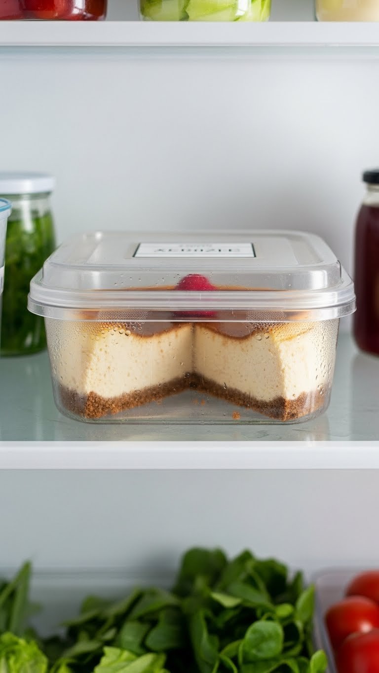 Keto coffee cheesecake stored in airtight container in refrigerator with condensation showing fresh storage organization