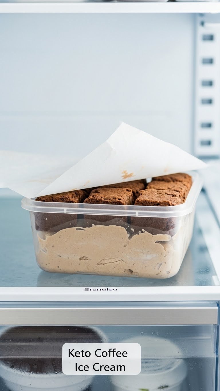 Keto coffee ice cream stored in transparent freezer container with parchment paper on organized freezer shelf
