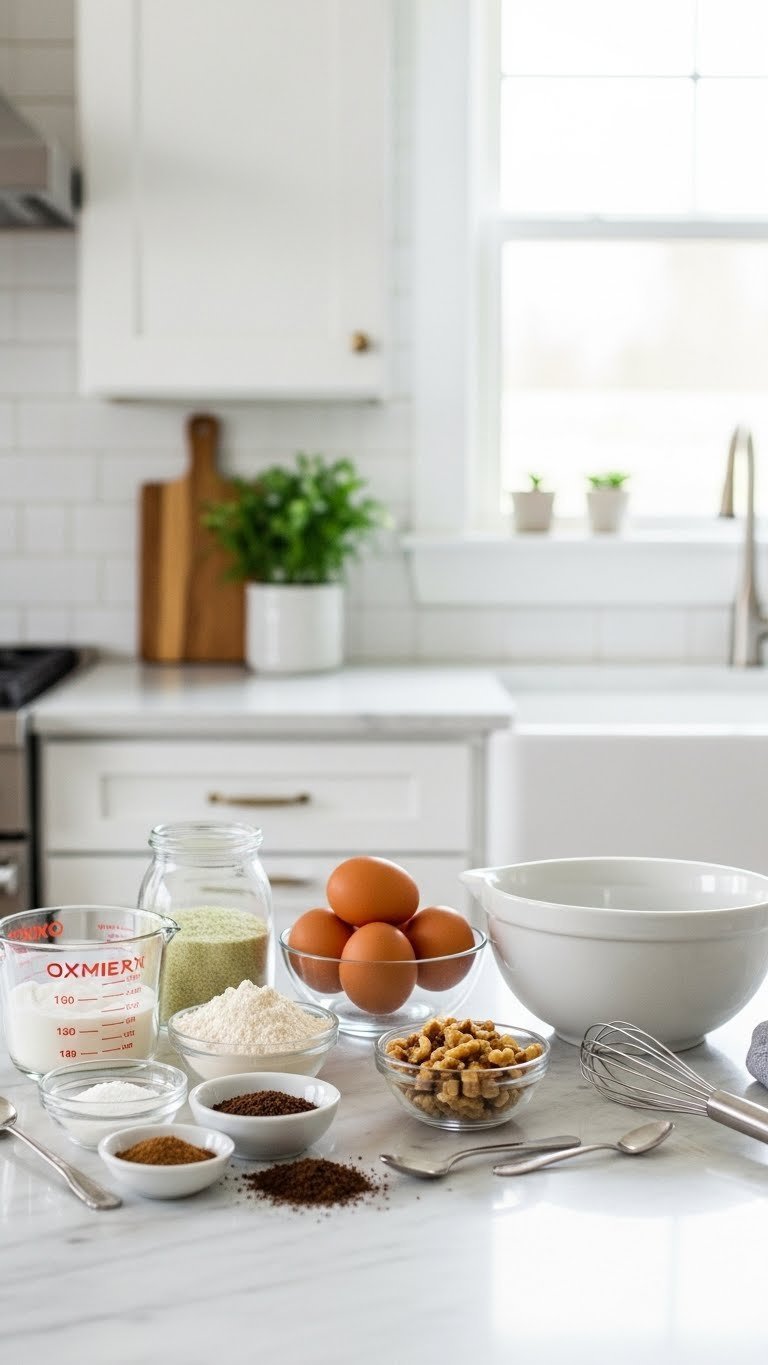 Keto coffee walnut cake baking ingredients arranged on marble countertop with almond flour, erythritol, walnuts, eggs, and instant coffee ready for mixing