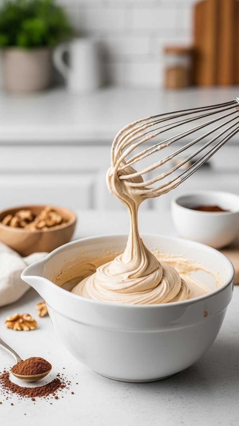 Keto cream cheese frosting preparation in white ceramic bowl being whisked to perfection with light brown creamy texture