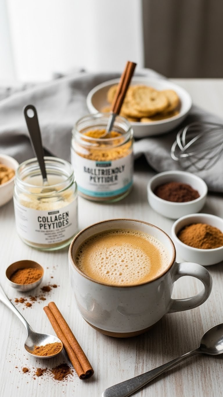 Keto-friendly bulletproof coffee mug surrounded by collagen peptides and sweeteners on wooden table