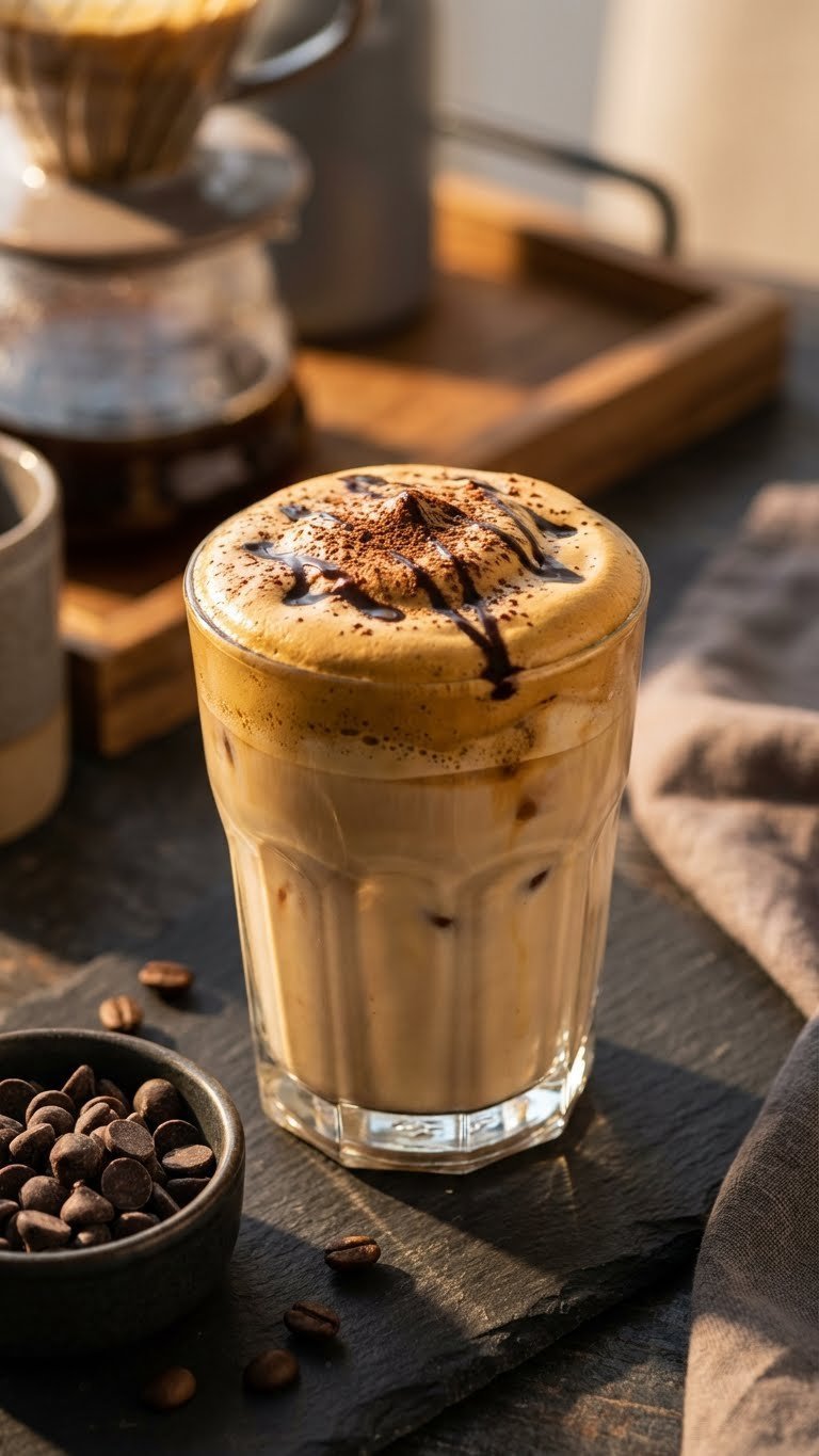 Healthy Whipped Coffee Recipe Complete Sugar Free Guide 3 Keto-friendly iced whipped coffee with thick foam and sugar-free chocolate drizzle on dark slate surface