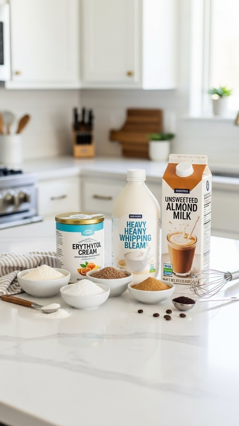 Keto-friendly sweeteners including powdered erythritol and monk fruit blend with heavy cream and almond milk on light quartz kitchen island