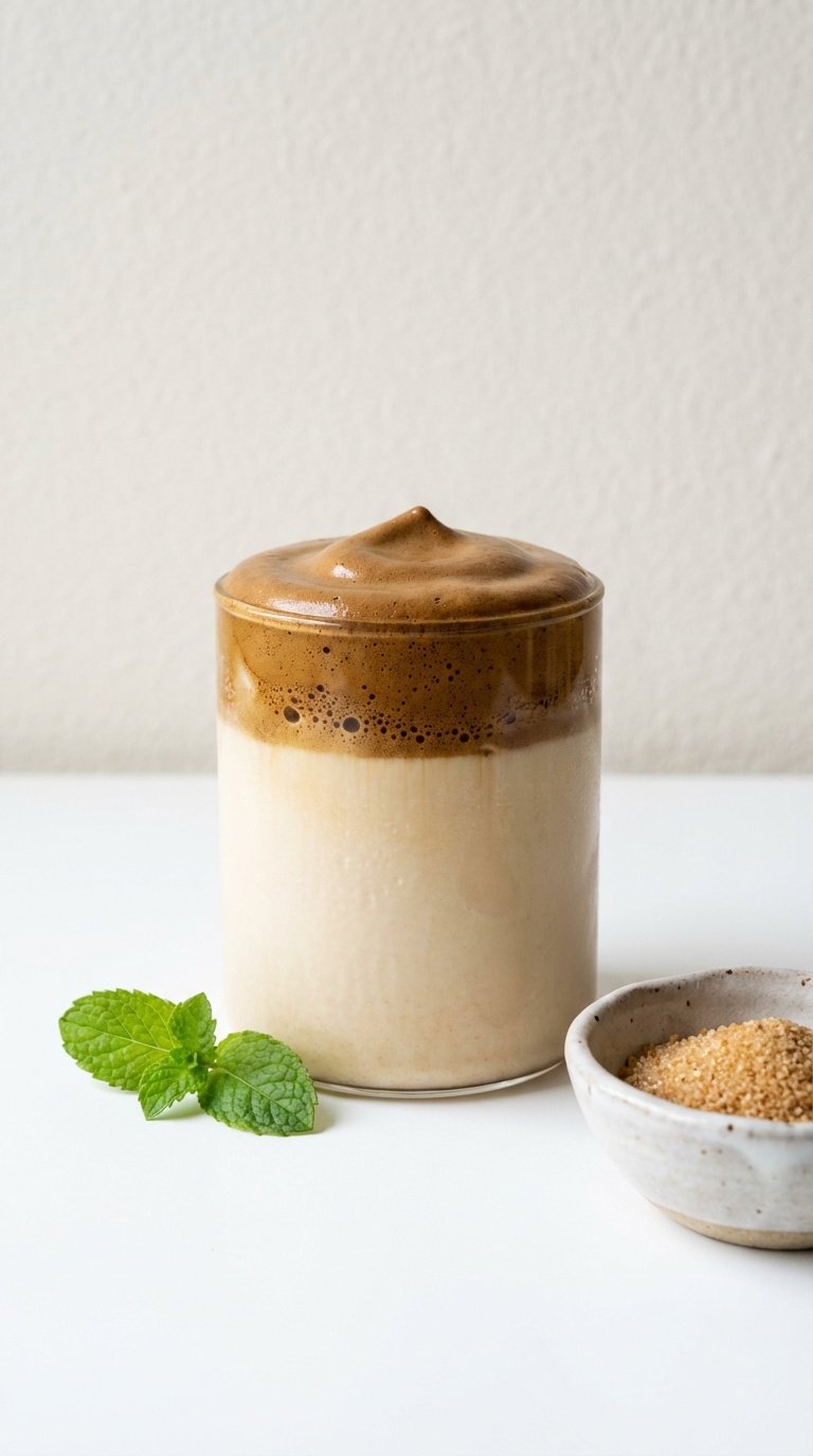 Whipped Coffee Protein Shake Easy High Protein Recipe Guide 3 Keto-friendly whipped coffee protein shake in minimalist glass with dark foam and almond milk base on white surface