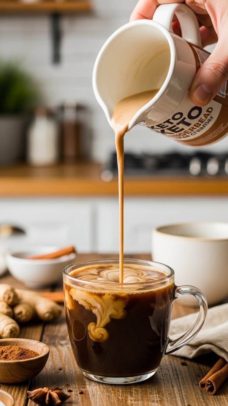 Keto gingerbread coffee creamer being poured into a mug of hot coffee on a rustic wooden table with spices and cinnamon stick