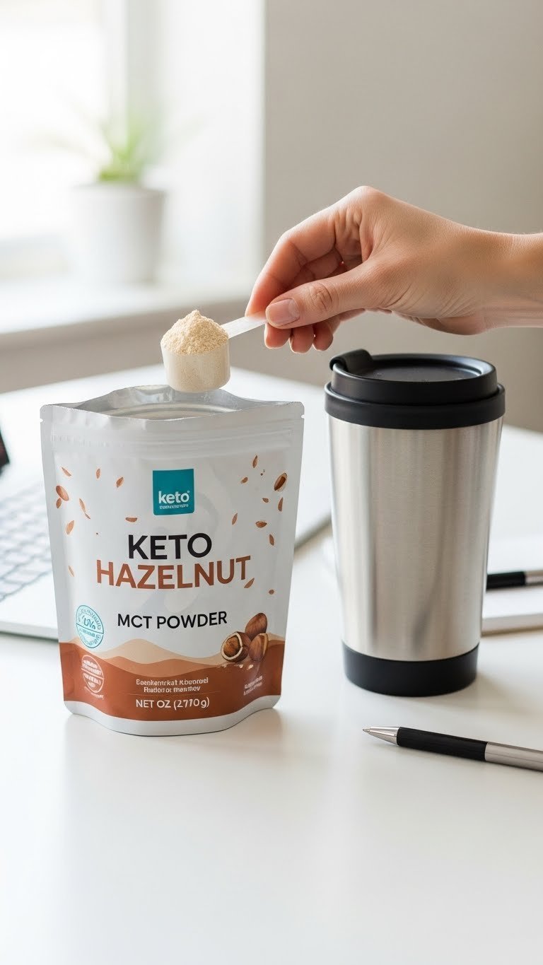 Keto hazelnut flavored MCT powder scoop poised above travel mug of coffee on clean white desk surface
