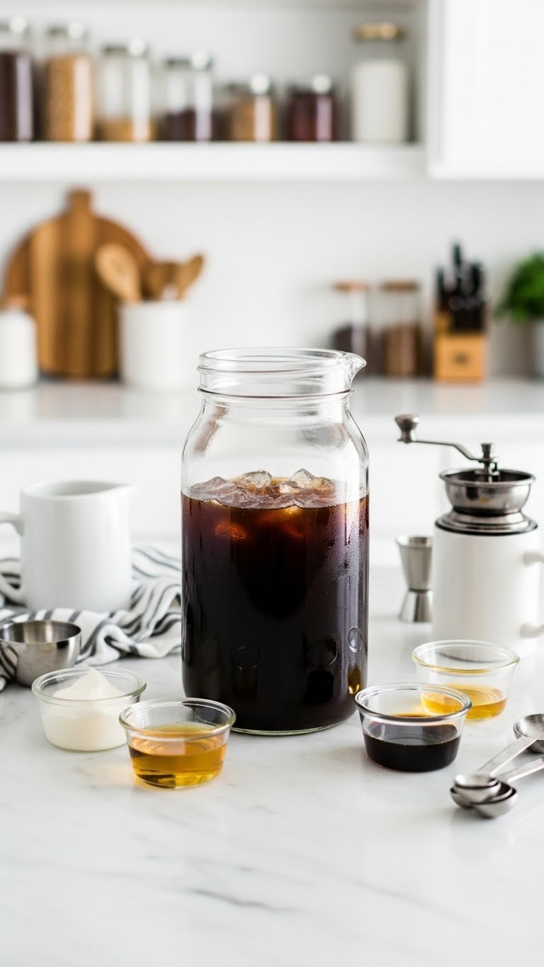 Keto iced coffee concentrate mix in glass jar with pre-portioned add-ins on marble countertop
