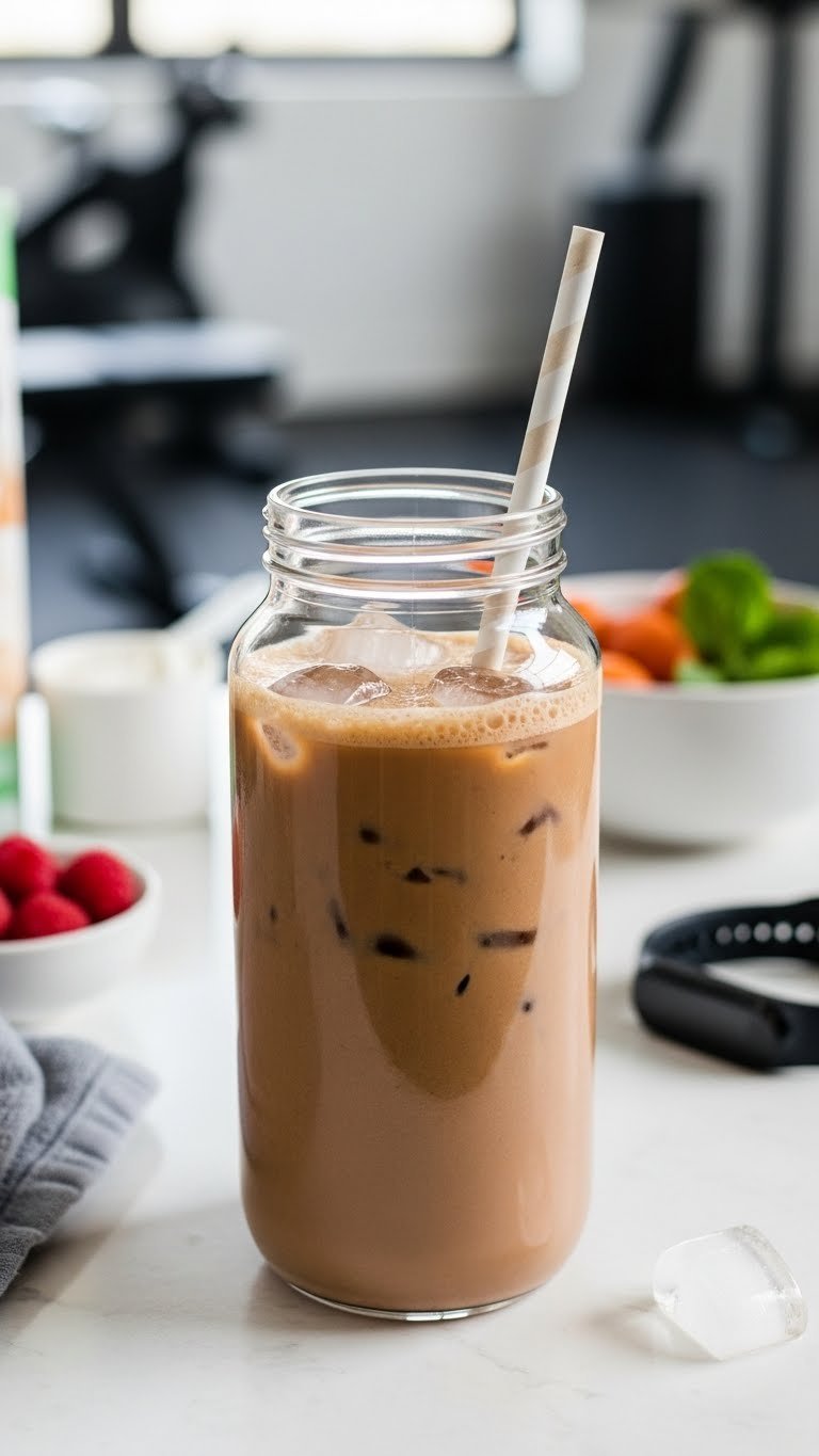Keto iced coffee protein shake in shaker bottle with thick texture and ice cubes on gym counter