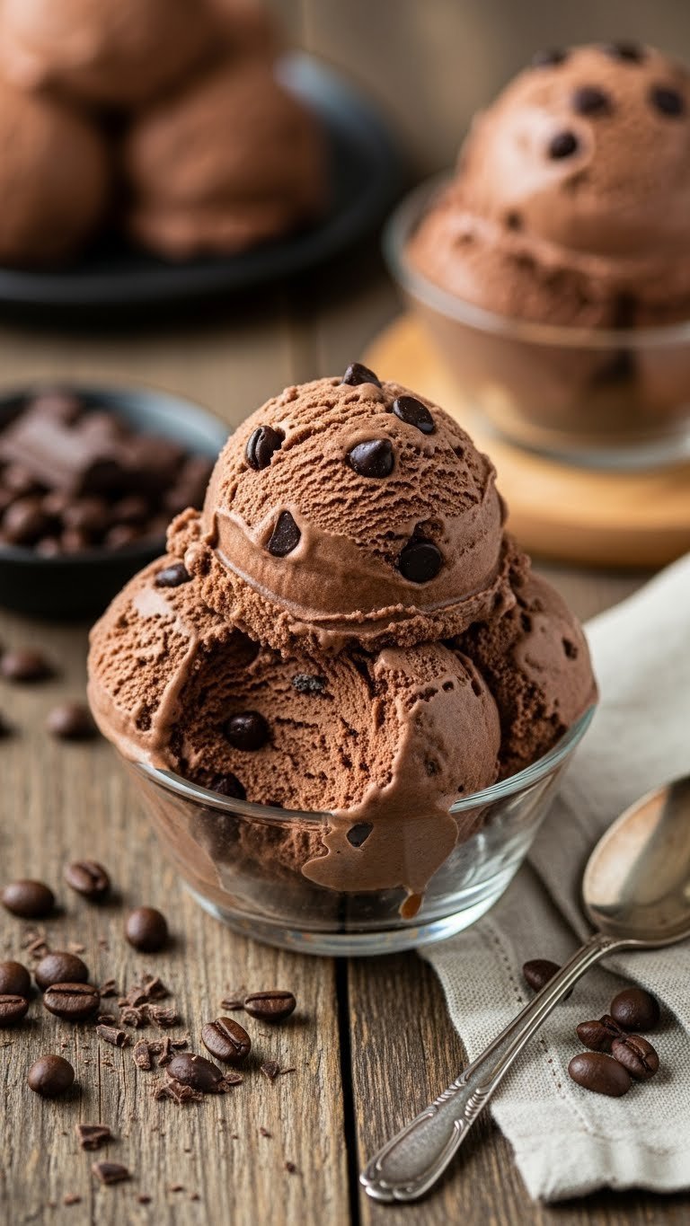 Keto mocha coffee ice cream with chocolate chips in vintage glass dish on rustic wooden table with coffee bean accents