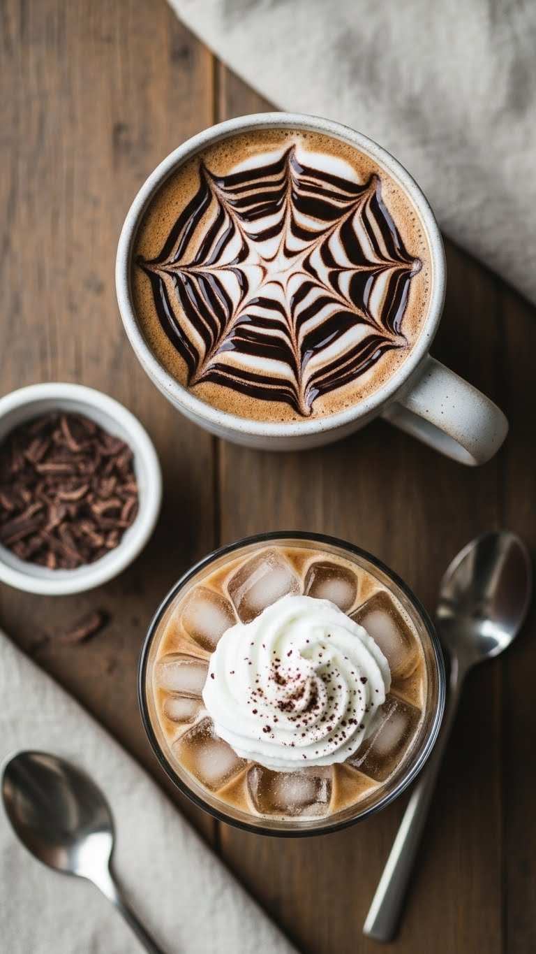Keto mocha latte with chocolate syrup swirls in ceramic mug or clear cup on rustic wooden table