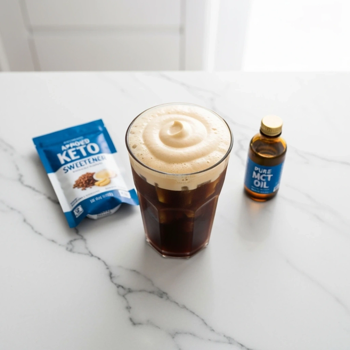 Peanut Butter Protein Coffee: Your Easy 5-Minute Recipe 5 Keto peanut butter cold brew coffee with frothed foam on white marble, with sweetener and MCT oil. Clean, minimalist, healthy drink.