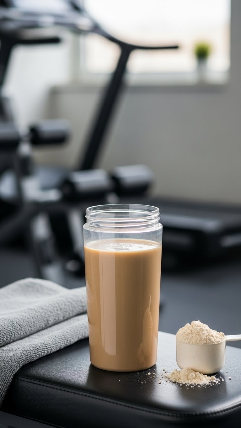 Keto protein coffee in sleek travel mug with smooth uniform texture on gym bench or office desk in minimalist functional setting.