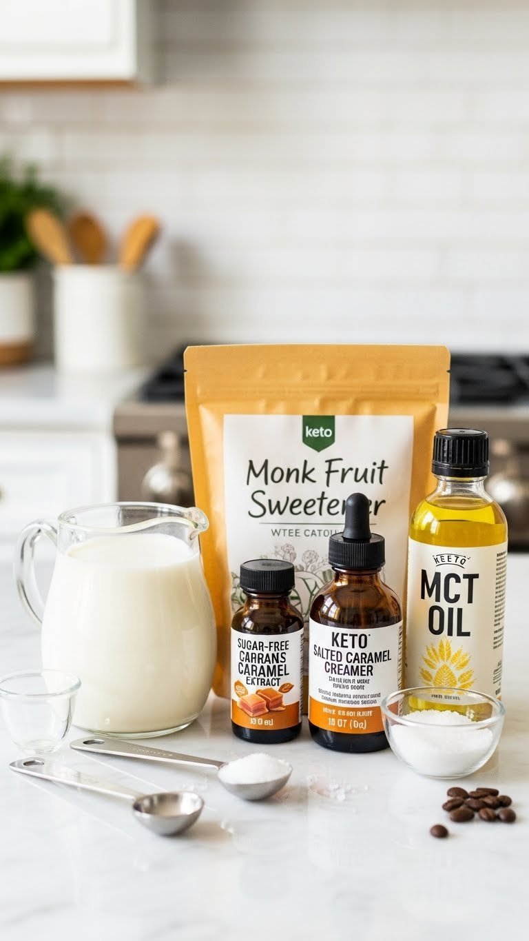 Keto salted caramel coffee creamer ingredients arranged on marble countertop with heavy cream, monk fruit sweetener, and MCT oil