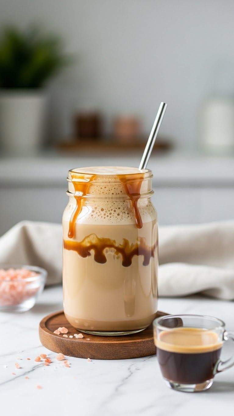 Keto salted caramel dairy-free protein coffee in a mason jar with foam, caramel syrup, salt, espresso on marble.