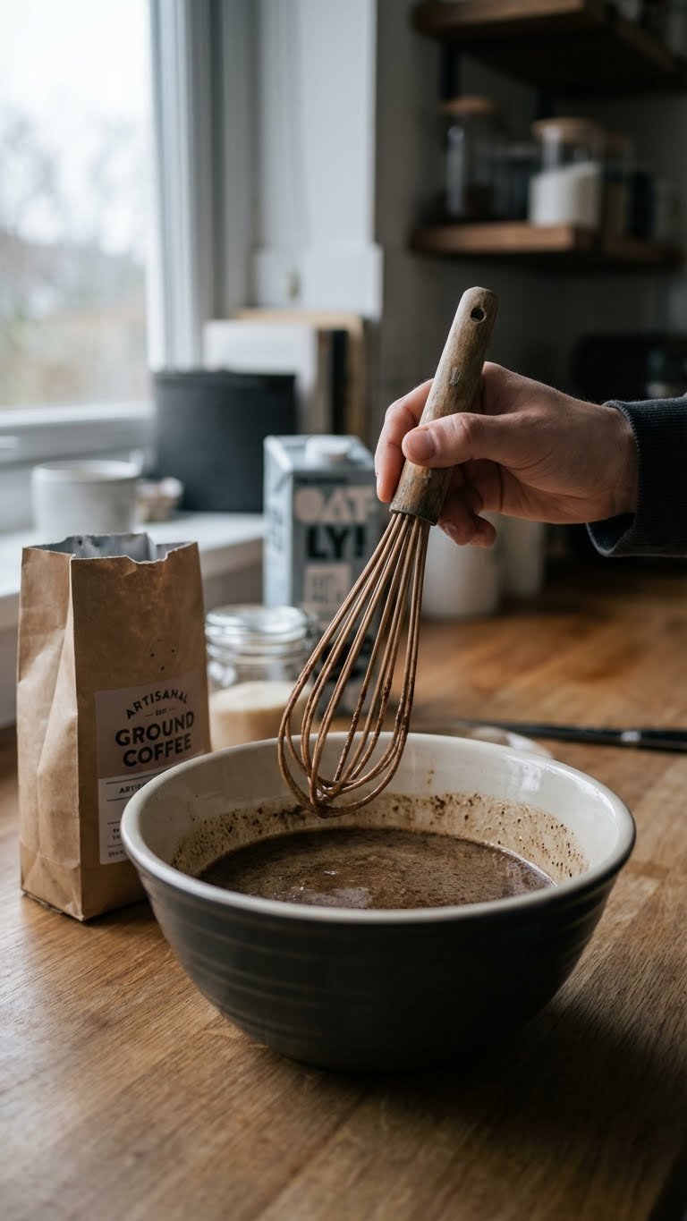 Sugar Free Whipped Coffee Recipe That Works Without Sugar 13 Kitchen failure scene showing thin runny coffee mixture that failed to whip with defeated hand holding whisk