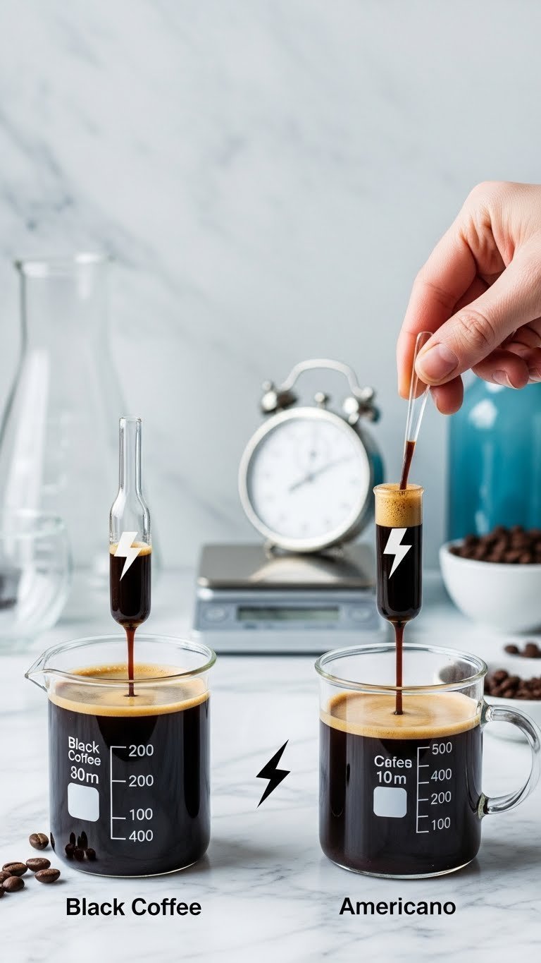 Laboratory-style caffeine content comparison between black coffee and americano in beakers with energy bolt icons