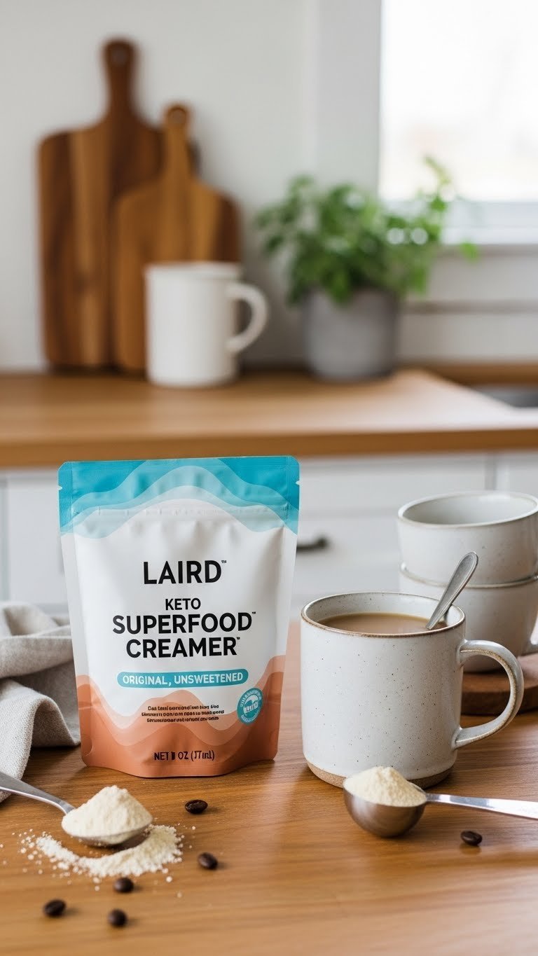 Laird Superfood Creamer package next to coffee mug with powder visible in spoon on wooden surface