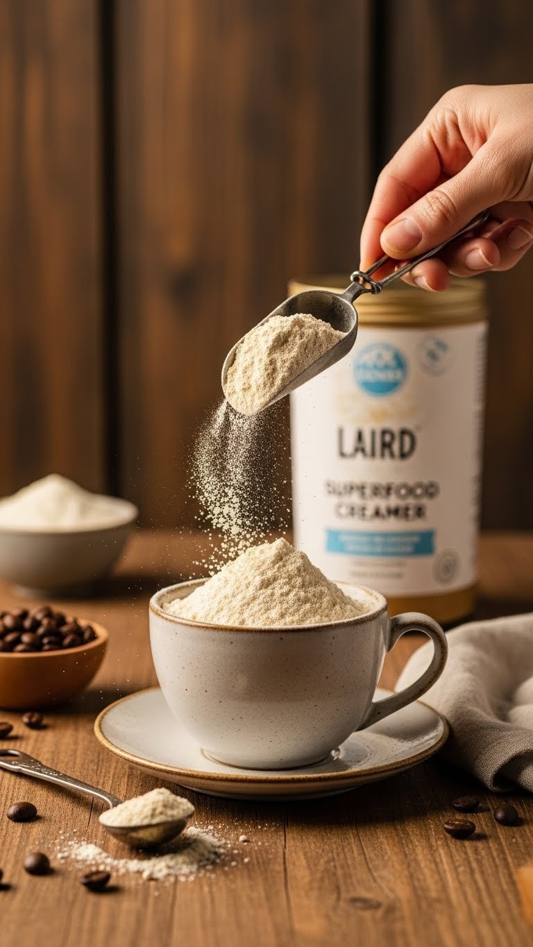 Laird Superfood powdered creamer scooped into vintage ceramic cup with rustic wooden table background