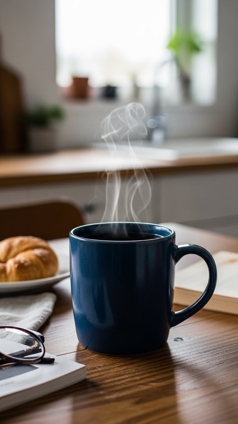 Large dark ceramic coffee mug with wide handle filled with steaming coffee on rustic wooden kitchen table.
