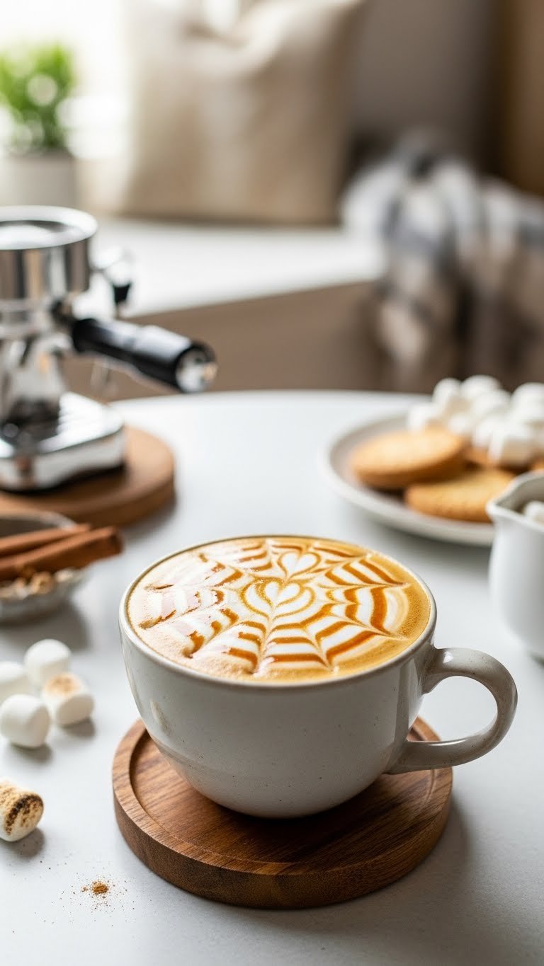Latte art coffee with toasted marshmallow syrup drizzle and miniature marshmallows garnish