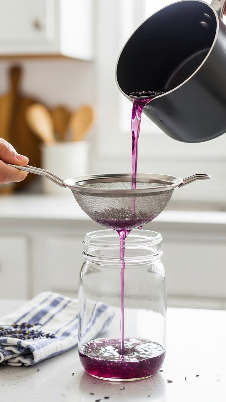 Lavender Coffee Syrup Recipe: Perfect Floral Lattes at Home 7 Lavender simple syrup being strained through fine-mesh strainer into clear glass jar with purple tint