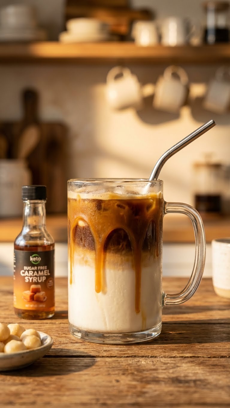 Layered Keto Caramel Protein Macchiato in a clear mug with coffee, keto milk, and sugar-free caramel drizzle on wood.