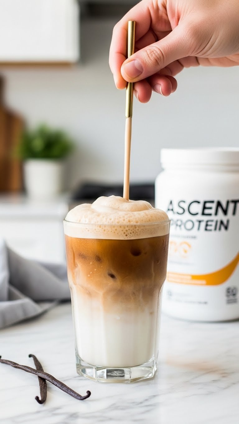 Layered ascent protein iced coffee in clear glass with vanilla bean on marble counter