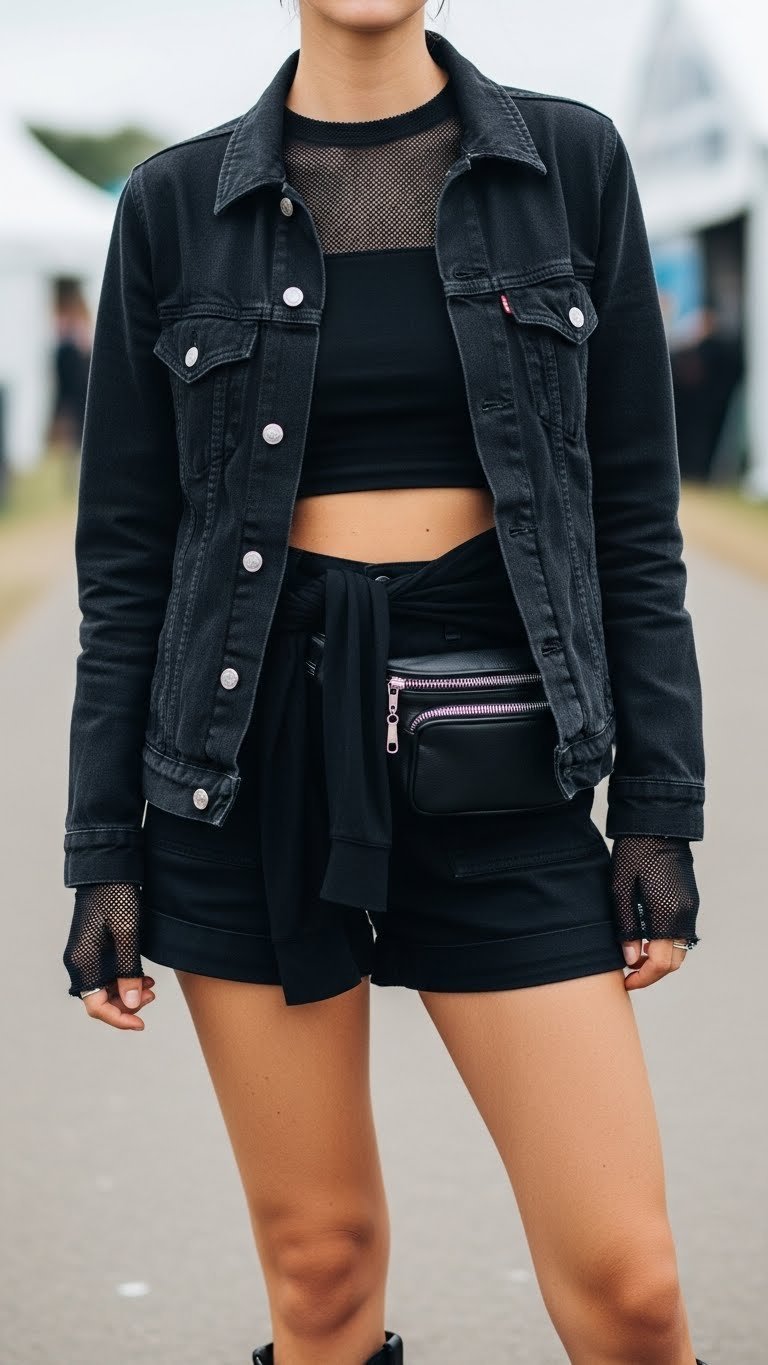 Layered black concert look with denim jacket, crop top, shorts and mesh top for festival temperatures