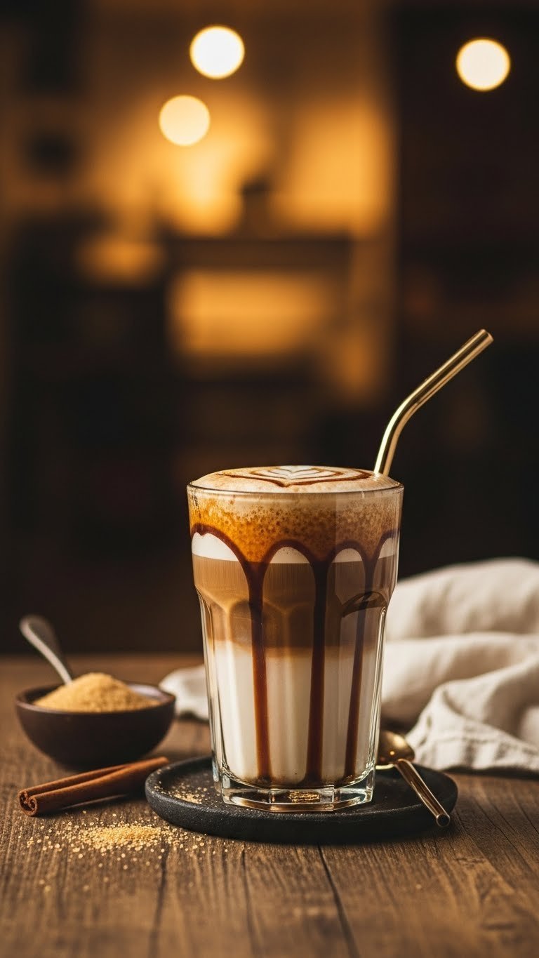 Layered brown sugar shaken espresso in clear glass with syrup drizzle on rustic wooden table in warm cafe lighting
