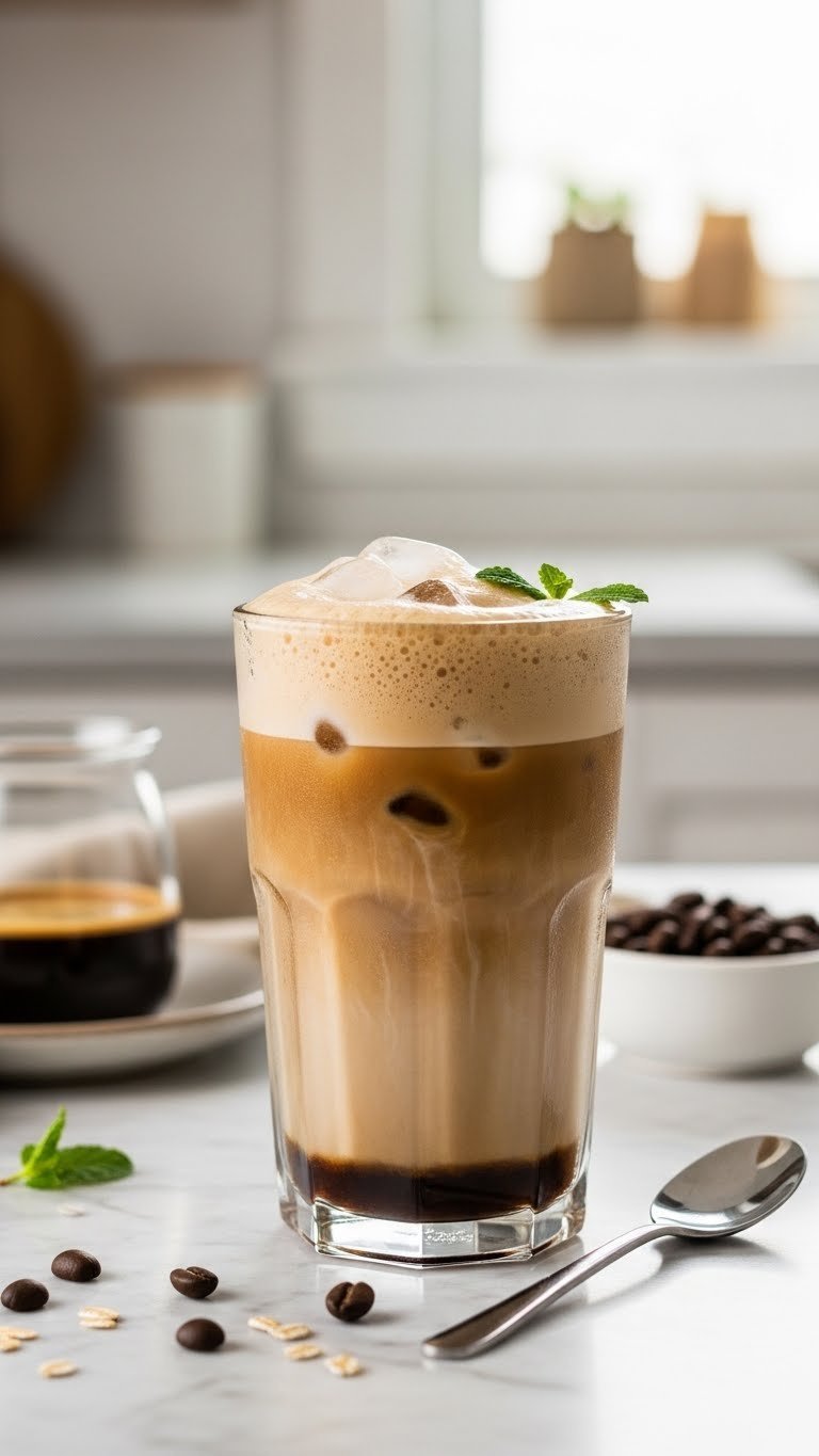 Layered classic iced oat milk latte in elegant glass with espresso, creamy oat milk, and foam crown on marble countertop