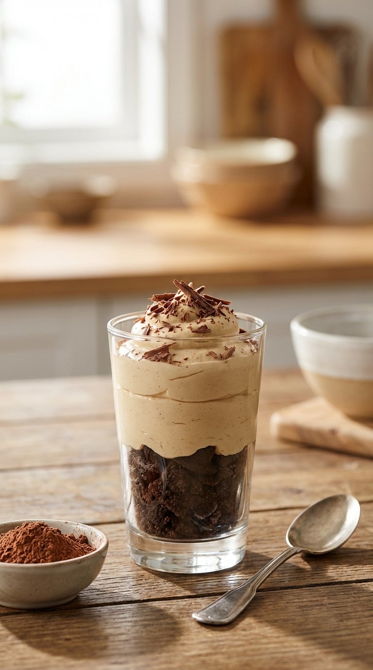Whipped Coffee Mousse Easy Foolproof Recipe for Beginners 1 Layered coffee mousse parfait in elegant glass with chocolate cookies, whipped mousse, and chocolate shavings on rustic wooden table