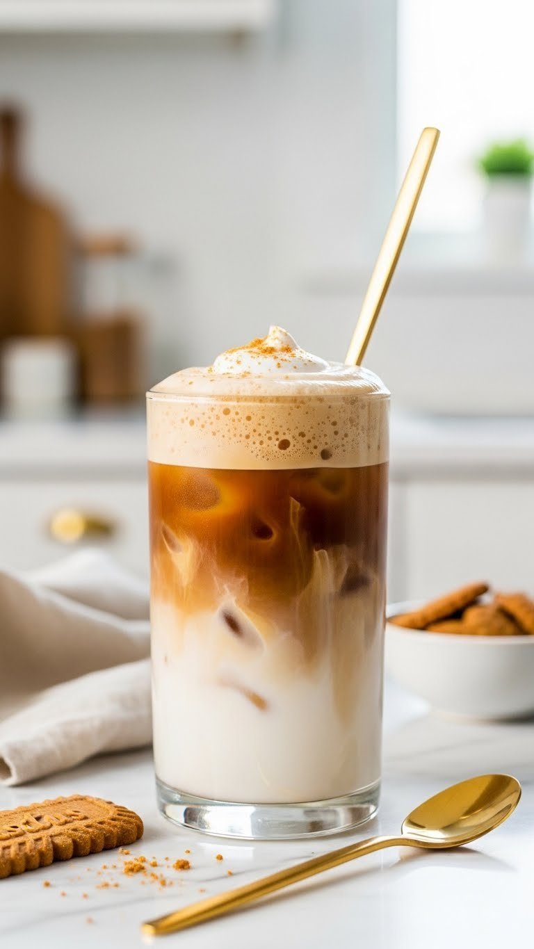 Ultimate Cookie Butter Iced Coffee: Easy Recipe for Perfection 9 Layered cookie butter iced coffee with dark coffee, creamy milk, and fluffy cold foam topped with gold spoon