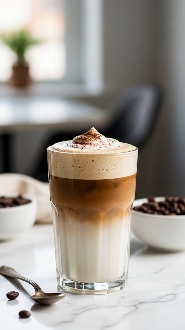 Layered decaf iced latte with espresso base and creamy frothed milk topped with cocoa powder on marble countertop