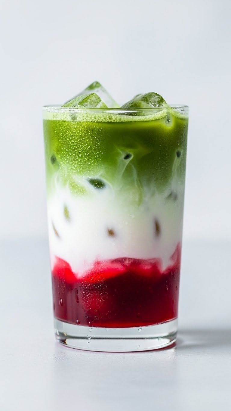 Layered iced cherry matcha latte in clear glass showing red syrup, white milk, and green matcha tea layers