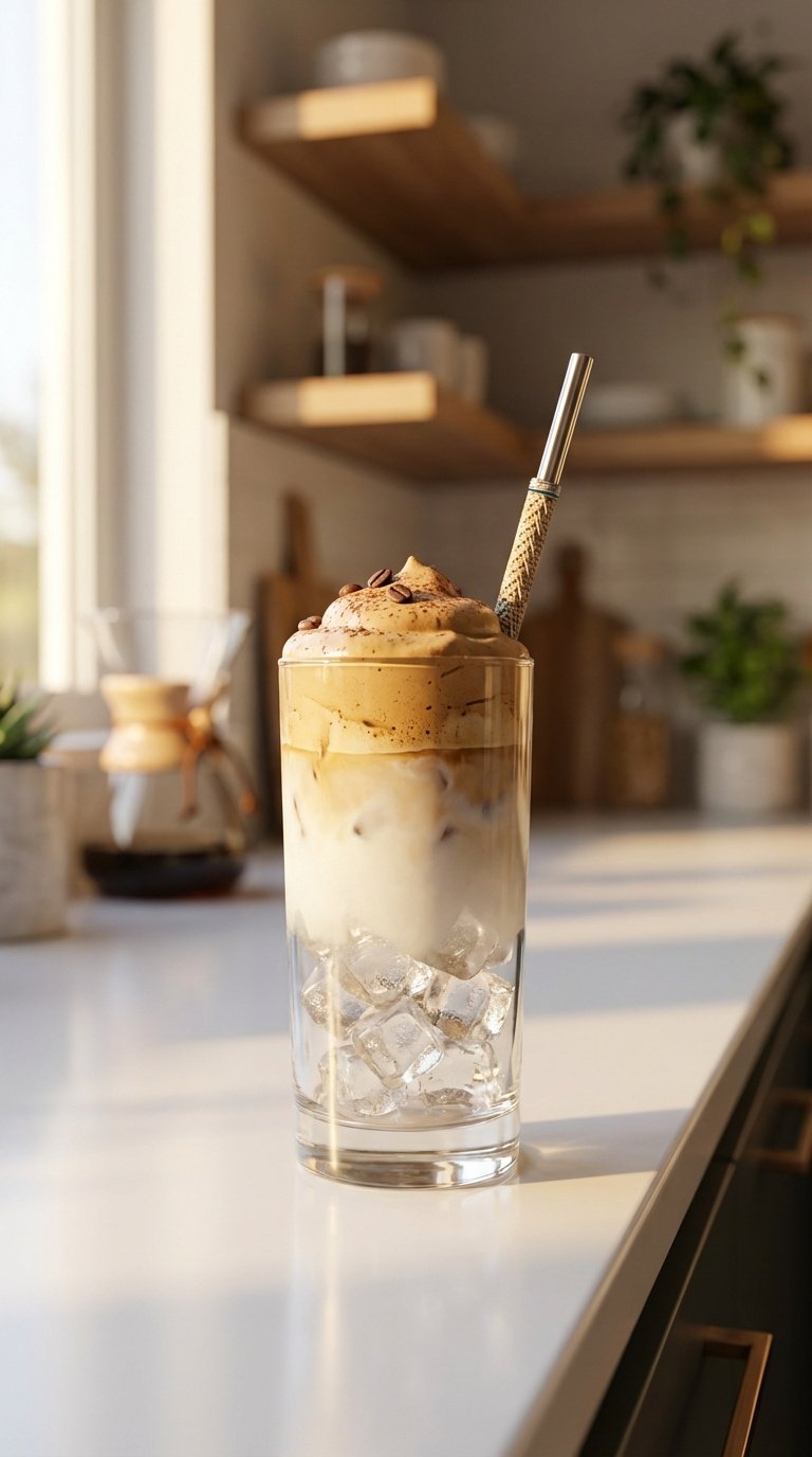 Iced Coconut Whipped Coffee: Ultimate Easy Vegan Recipe 7 Layered iced coconut whipped coffee in clear glass with ice, coconut milk base, and fluffy coffee whip topping