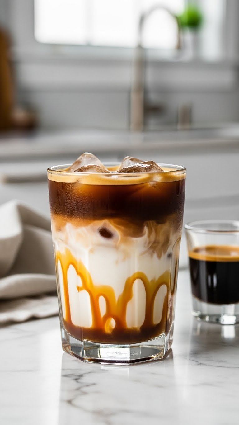 Layered iced protein coffee with caramel, milk, and espresso in a clear glass on marble counter, subtle bokeh.