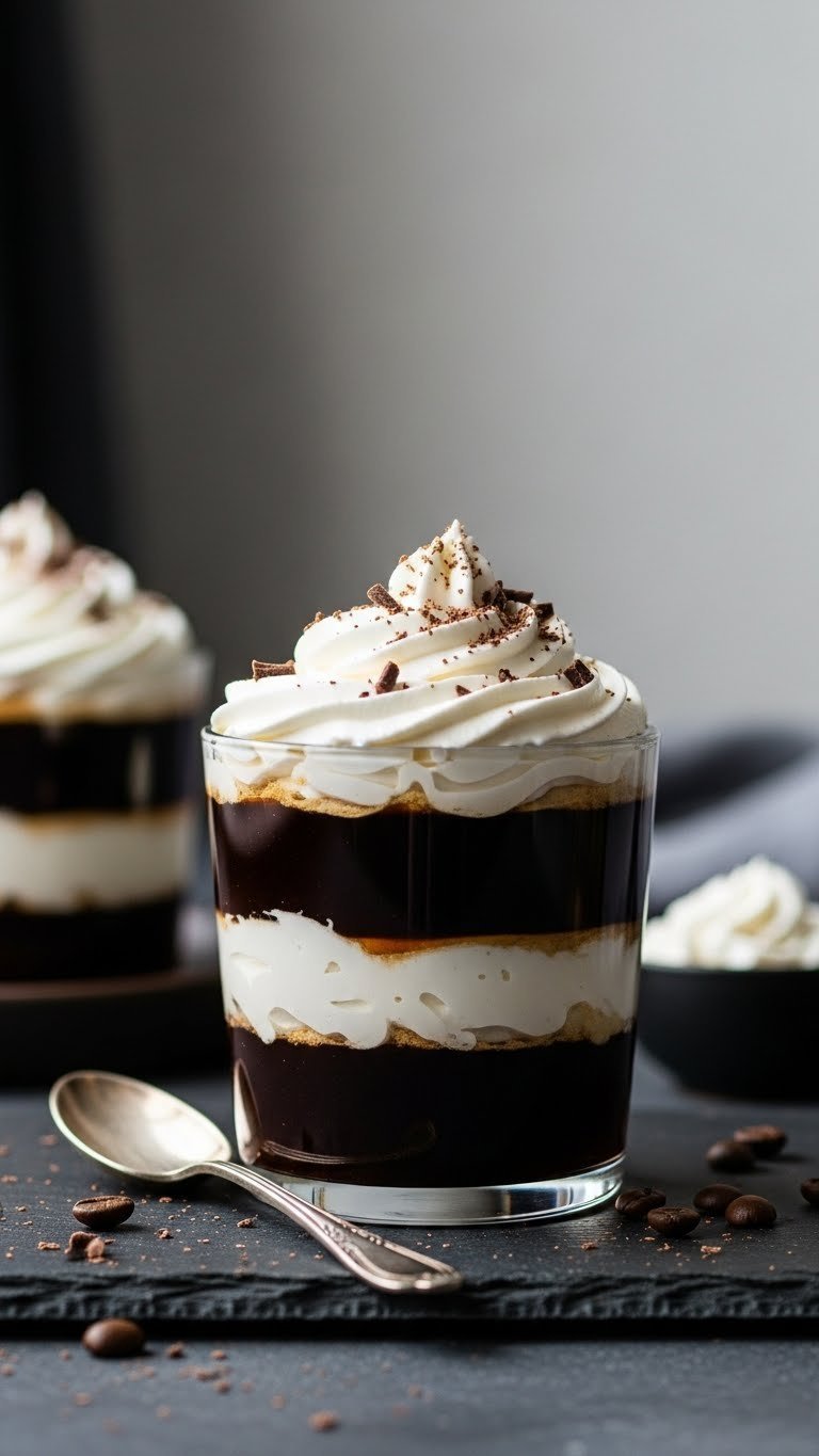 Layered keto coffee gelatin dessert in glass parfait cup with whipped cream topping and chocolate shavings