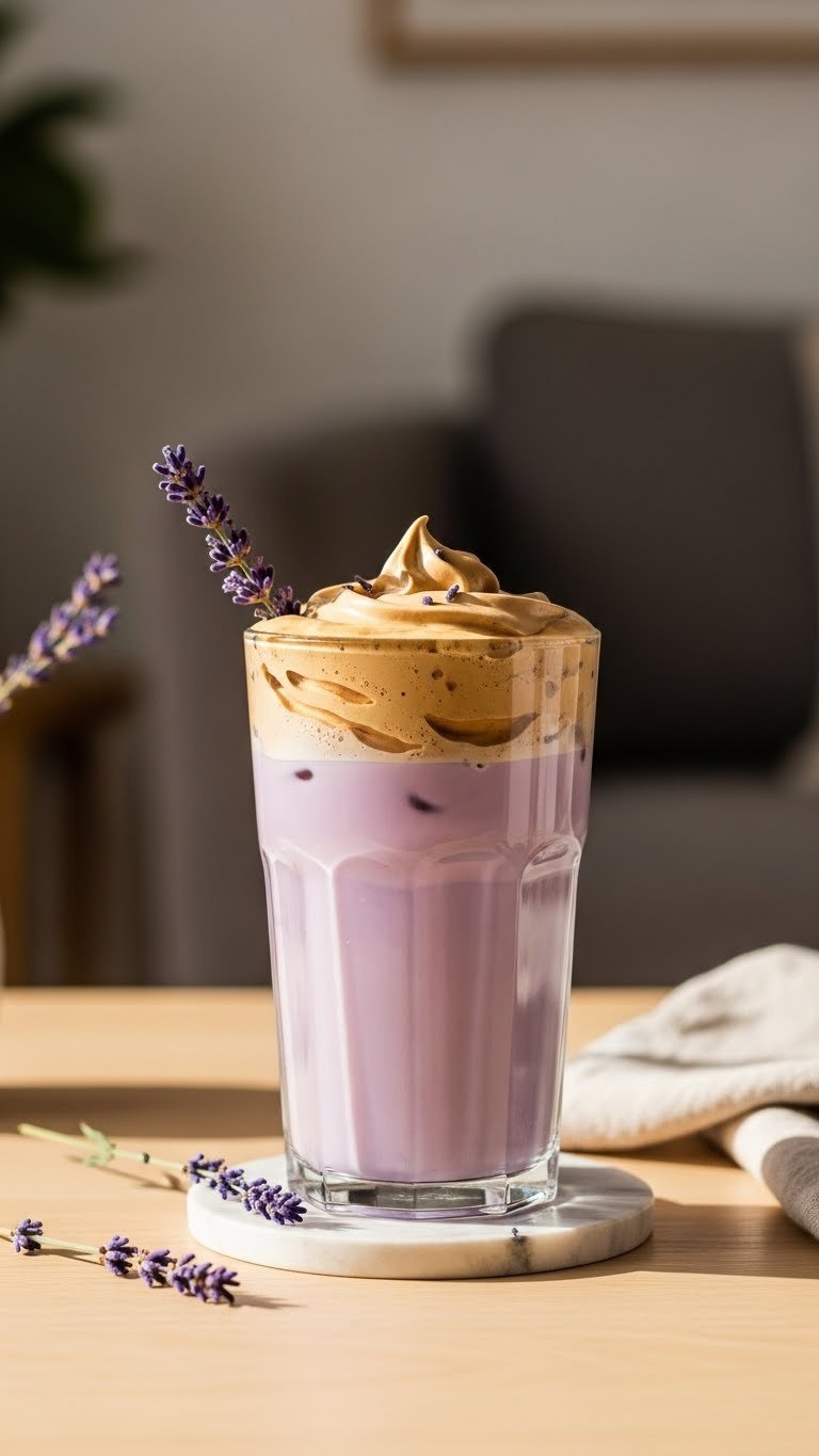 Homemade Lavender Whipped Coffee: 7 Easy Tips for Perfect Cream 11 Layered lavender whipped coffee in a clear tall glass with purple milk, thick foam, and a fresh lavender sprig.