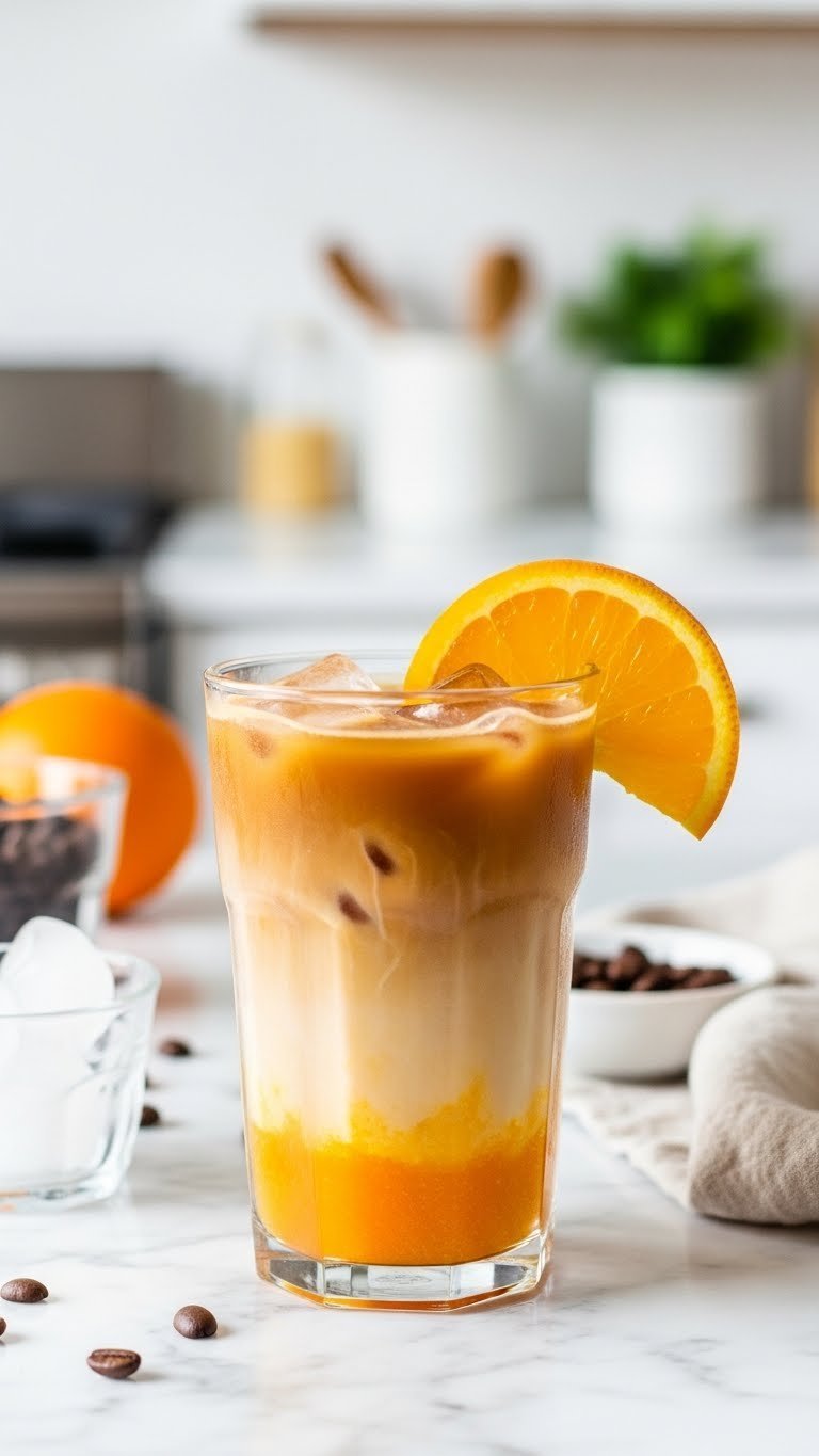 Easy Premier Protein Coffee Recipes: 11 Delicious Drinks 7 Layered orange creamsicle protein iced coffee in a clear glass, garnished with an orange slice, on a white marble countertop.