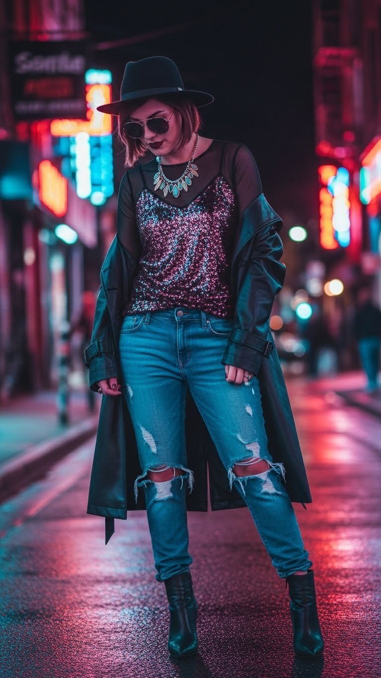Layered statement outfit with sequin camisole, faux leather trench coat, and ankle boots in urban night scene