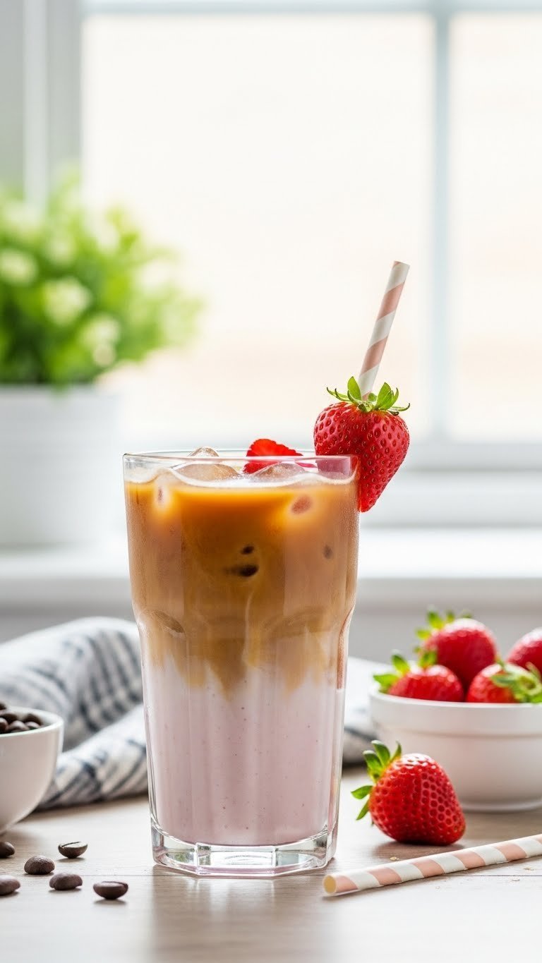 Easy Premier Protein Coffee Recipes: 11 Delicious Drinks 19 Layered strawberry and cream protein iced coffee in a clear glass, garnished with a fresh strawberry.