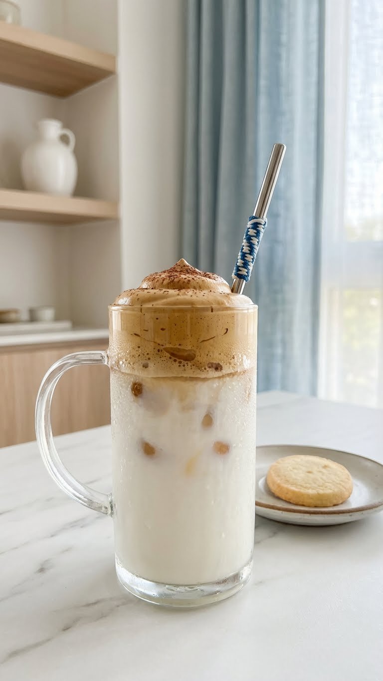 Ground Coffee Whipped: 9 Essential Tips for Dalgona Foam 15 Layered whipped coffee drink with fluffy foam, cold milk, and ice in a glass mug, garnished with cocoa.